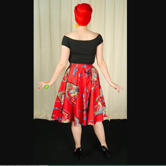 Trashy Diva Japanese Red w. Multicolor Fans Cotton Circle Midi Skirt women’s 6 - Picture 12 of 17